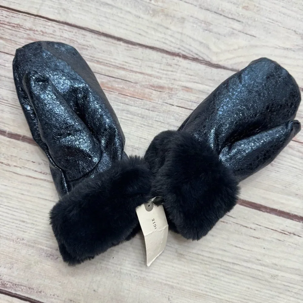 Anthropologie Sparkle Faux Fur Mittens Navy Blue One Size NEW